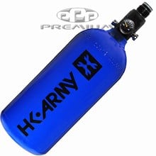 AirTank with H-LARMY logo, used for paintball games, featuring a durable blue body and high-pressure performance for competitive paintball activity.