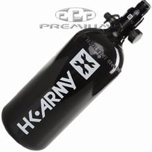 HPA paintball tank with regulator, black, for high-pressure air supply, compatible with paintball markers.