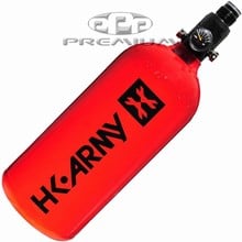 HPA Army paintball air tank in bright red for professional paintball gameplay, featuring a black HPA Army logo and durable construction.