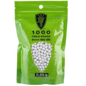 6mm Bio BBs for paintball, field grade, 1000 count, premium quality in a resealable green bag.