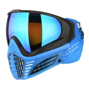 Blue paintball mask with dual-pane lens for optimal protection and visibility, ideal for competitive paintball games and outdoor recreation.