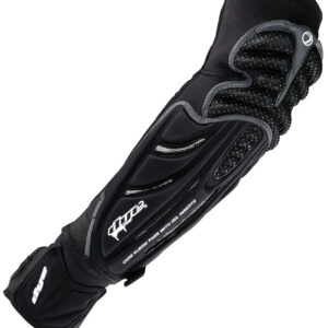 High-quality black paintball arm guard with gel inserts, adjustable strap, and padded protection for optimal safety and comfort during paintball games.