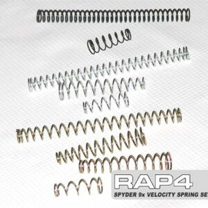 Assorted spyder 9x velocity springs for paintball markers, part of the RAP4 Spyder 9x velocity spring set, ideal for customizing and improving paintball gun performance.
