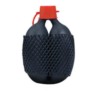 Pump-action paintball grenade with protective rubber cage and red safety cap, ideal for enhanced battlefield effects and tactical gameplay in premium paintball equipment.