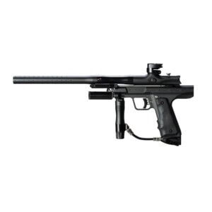 High-performance paintball marker, designed for sports and recreational use, featuring a sleek black finish, precision barrel, and reliable air system for competitive paintball gameplay.