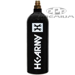 HPA Arrowy LX compressed air tank for paintball, durable black cylinder with white branding, high performance paintball tank for competitive gameplay and recreational use.