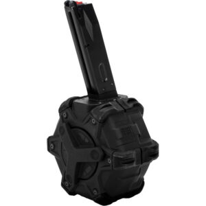 Black paintball hopper with automatic feed system for quick reloading during gameplay. Crafted for durability and high performance in competitive paintball matches. Ideal for serious paintball enthusiasts.