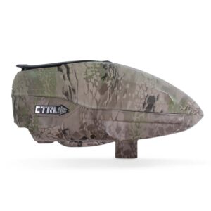 Camouflage paintball hopper with rugged design for tactical paintball games.
