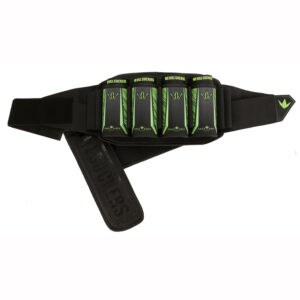 Black and green paintball harness with multiple pod holders, designed for easy access during paintball games. Made with durable materials, perfect for serious paintball enthusiasts.