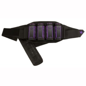 Black and purple paintball harness with multiple pod holders, adjustable strap, and premium construction for paintball enthusiasts.