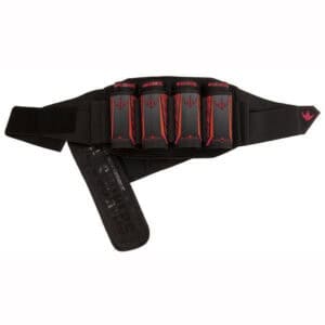 Red and black tactical paintball pod pack with elastic pouches for ammunition storage, adjustable strap for comfort, designed for professional paintball players.