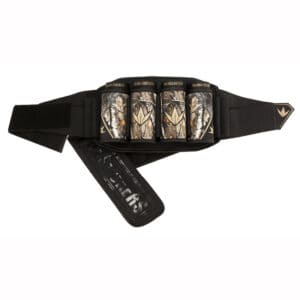 Hunting camo paintball pod pack with four pods and belt, perfect for tactical paintball gameplay, high-quality paintball accessories for competitive players, Premium Paintball Products.