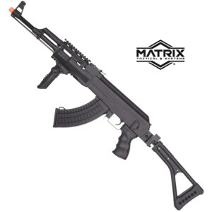 Airsoft gun in black with tactical rail and adjustable stock for paintball and airsoft gameplay.