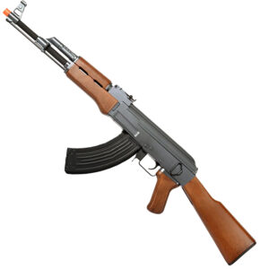 AK-47 style paintball marker, realistic design, durable construction, perfect for paintball enthusiasts, featuring a wooden stock and sleek black finish.