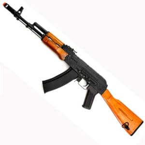 AK-47 style airsoft rifle with wooden stock and modern black metal details, ideal for paintball and airsoft games, high-quality combat replica from Premium Paintball Products.