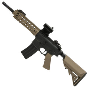 Tan and black tactical paintball marker with a modern design and ergonomic grip for high-performance play. Features durable construction and customizable accessories for competitive paintball games.