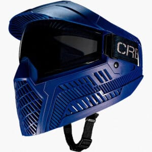 Blue paintball mask with visor and ventilation for safety and visibility for recreational paintball games.