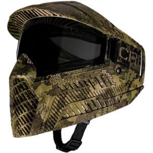 Camouflage paintball helmet with face shield and adjustable strap for paintball games.