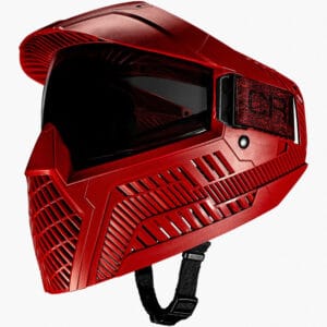Red high-performance paintball helmet with adjustable straps and ventilation system, ideal for competitive paintball games and outdoor activities.