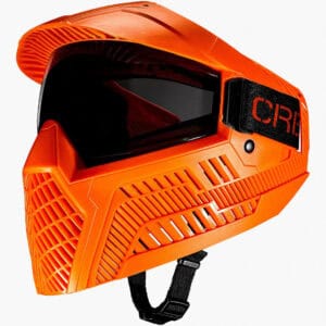 Premium orange paintball mask with ventilated design and UV protection for safe paintball gameplay.
