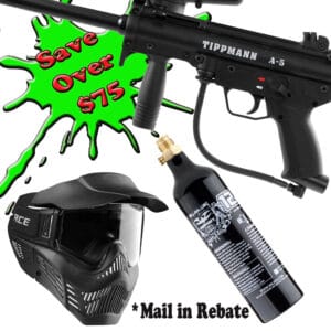 Tippmann A-5 paintball gun, black with tactical design, compressed air tank, and mask, ideal for paintball enthusiasts, with a special mail-in rebate offer of over $75 on premium paintball products.