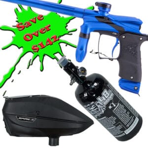 Blue paintball marker with compressed air tank and mask, ideal for professional paintball games and outdoor sports.