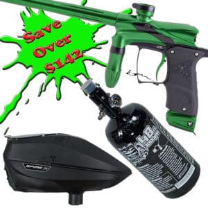 Green paintball gun with CO2 tank and mask for competitive paintball games.