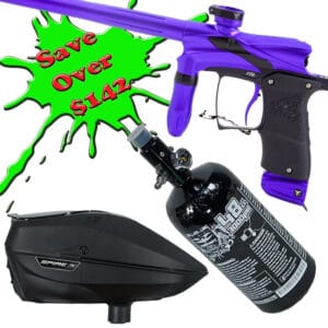 Purple paintball marker with CO2 tank and hopper, ideal for paintball games and sports, available at Premium Paintball Products.
