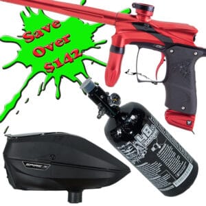 Red paintball marker with CO2 tank and black modern hopper for paintball games, high-quality equipment from Premium Paintball Products.