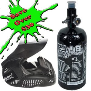 Black paintball air tank equipped with gauge and regulator for paintball guns and accessories, featuring a sleek design for optimal performance.