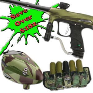 Paintball gun, helmet, and equipment set for outdoor paintball games, featuring camouflage design and protective gear from Premium Paintball Products.