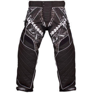 Black and white paintball pants with protective padding and custom design for outdoor paintball games.