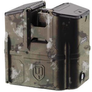 High-capacity paintball hopper with camouflage design for enhanced gameplay and durability.