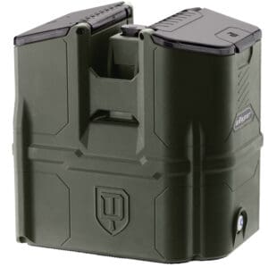 Heavy-duty paintball hopper with high-capacity storage for rapid refills, durable construction, and reliable performance for competitive paintball games.