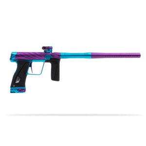 Blue purple paintball marker with sleek design for professional paintball games and tournaments.