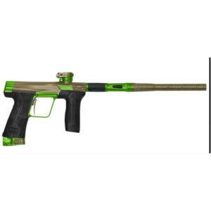 Green and tan paintball marker with high-performance craftsmanship for professional paintball gameplay.