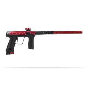 Paintball marker gun with red and black design, high-performance speedball marker for competitive paintball games.