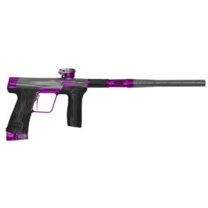 Chrome purple paintball marker with sleek design and extended barrel for enhanced accuracy, perfect for competitive paintball games and outdoor tournaments.