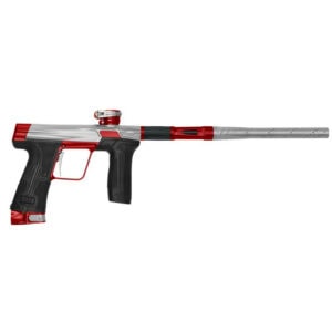 High-performance paintball marker with sleek red, black, and silver design for competitive paintball games and outdoor sports. Perfect for serious players seeking precision and durability.