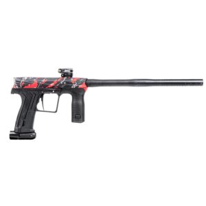 Paintball gun with long barrel and red-black design for high-performance gameplay.