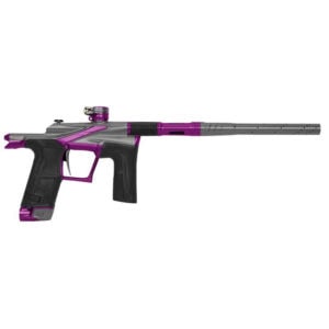 High-performance paintball marker with sleek black and purple design, optimized for competitive paintball, featuring durable construction and precision accuracy for professional gameplay.