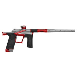Red and gray paintball marker with sleek design, ergonomic grip, and barrel for precision shooting at premium paintball products. Perfect for competitive paintball gameplay and outdoor sports.