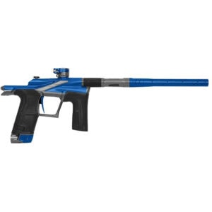 Blue paintball marker with long barrel for competition and recreational paintball games, high-performance paintball gun from Premium Paintball Products.