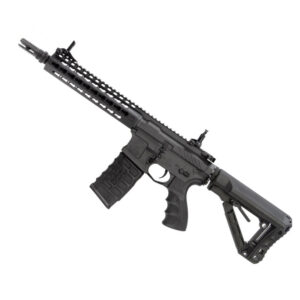 Black tactical paintball marker with adjustable stock and ergonomic grip for professional paintball gameplay. Designed for durability and precision in outdoor paintball sports.