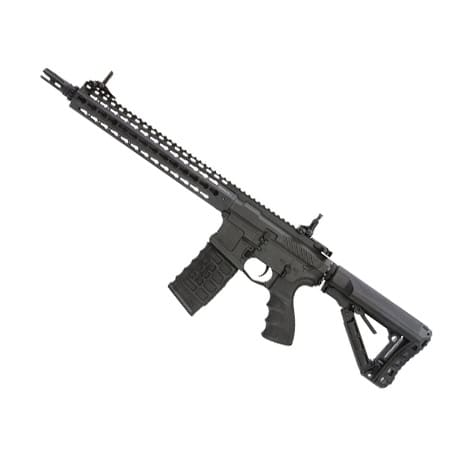 High-performance paintball rifle with tactical rail and adjustable stock, ideal for competitive paintball games and professional sports use.