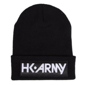 Hk army beanie with embroidered patch, black tactical hat for paintball and outdoor activities.