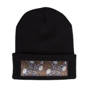 Black paintball beanie hat with a clear window for displaying team or player name, designed for comfort and style during paintball games.