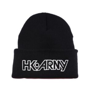 Black HK Army beanie hat, ideal for paintball players and outdoor activities. Comfortable, warm, and stylish cap with HK Army logo for paintball enthusiasts.