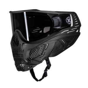 Black paintball mask with tinted visor, breathable design, and adjustable head strap for maximum comfort and protection during paintball games.