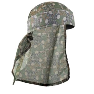 Multicam camouflage paintball headgear with face protection, designed for outdoor tactical paintball games and rough terrain.